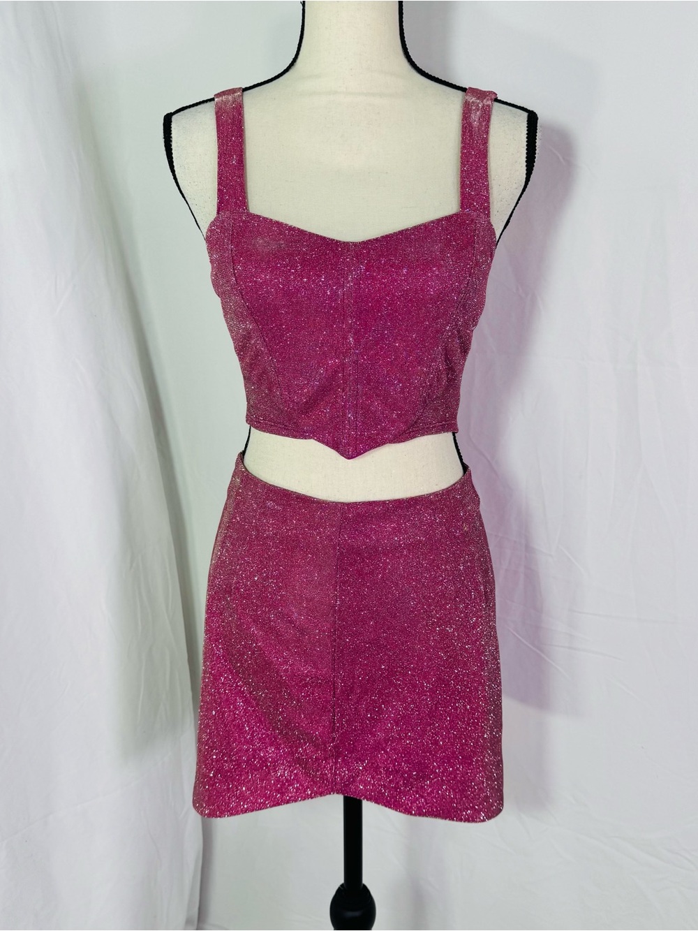Pink Glitter 2PC Set XS Mini Skirt Y2K Party Club Sparkle NWT Barbiecore